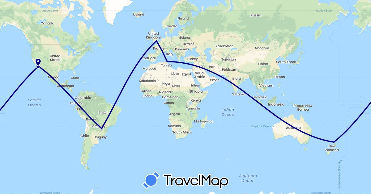 TravelMap itinerary: driving in Brazil, United Kingdom, India, New Zealand, Tunisia, United States (Africa, Asia, Europe, North America, Oceania, South America)
